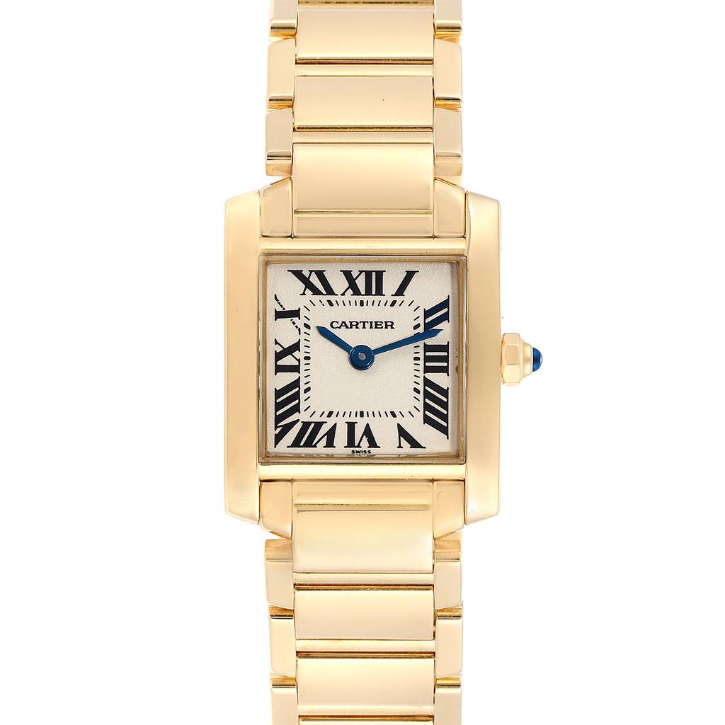 The image shows a front view of the Cartier Tank Française watch, highlighting its gold bracelet, square face, and Roman numeral dial.