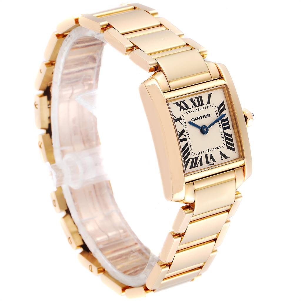 The Cartier Tank Francaise W50002N2 Women's Yellow Gold Silver Dial W50002N2 Women's Yellow Gold Silver Dial watch is shown at a three-quarter angle, displaying its face, crown, and bracelet.