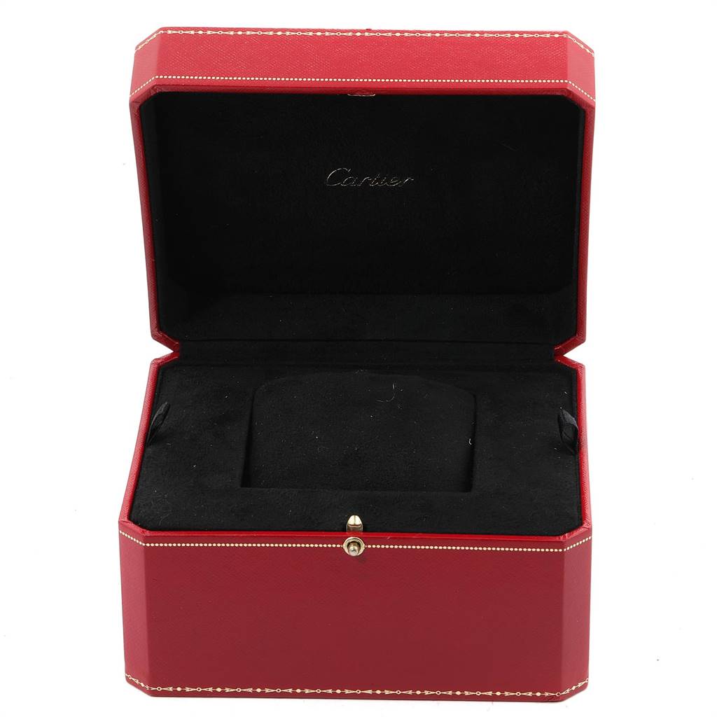 The image shows an open red Cartier box, presumably for the Tank Française model watch, with black interior padding.
