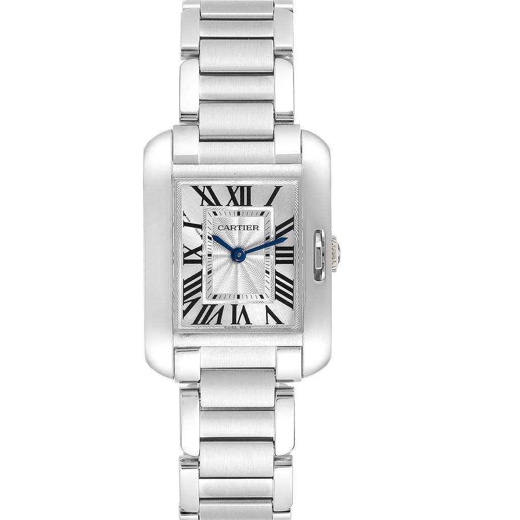 The image shows a Cartier Tank Francaise W5310022 Women's Stainless Steel Silver Dial W5310022 Women's Stainless Steel Silver Dial watch from the front, displaying its rectangular face, silver bracelet, and blue hands.