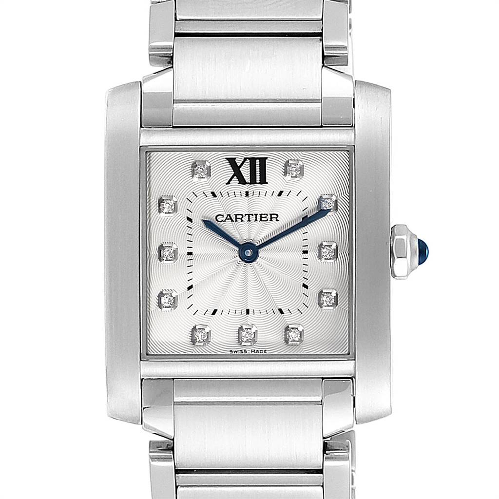 The image shows a front view of a Cartier Tank Francaise WE110007 Women's Stainless Steel Silver Dial WE110007 Women's Stainless Steel Silver Dial watch, highlighting its face, bracelet, and crown with a blue gemstone.