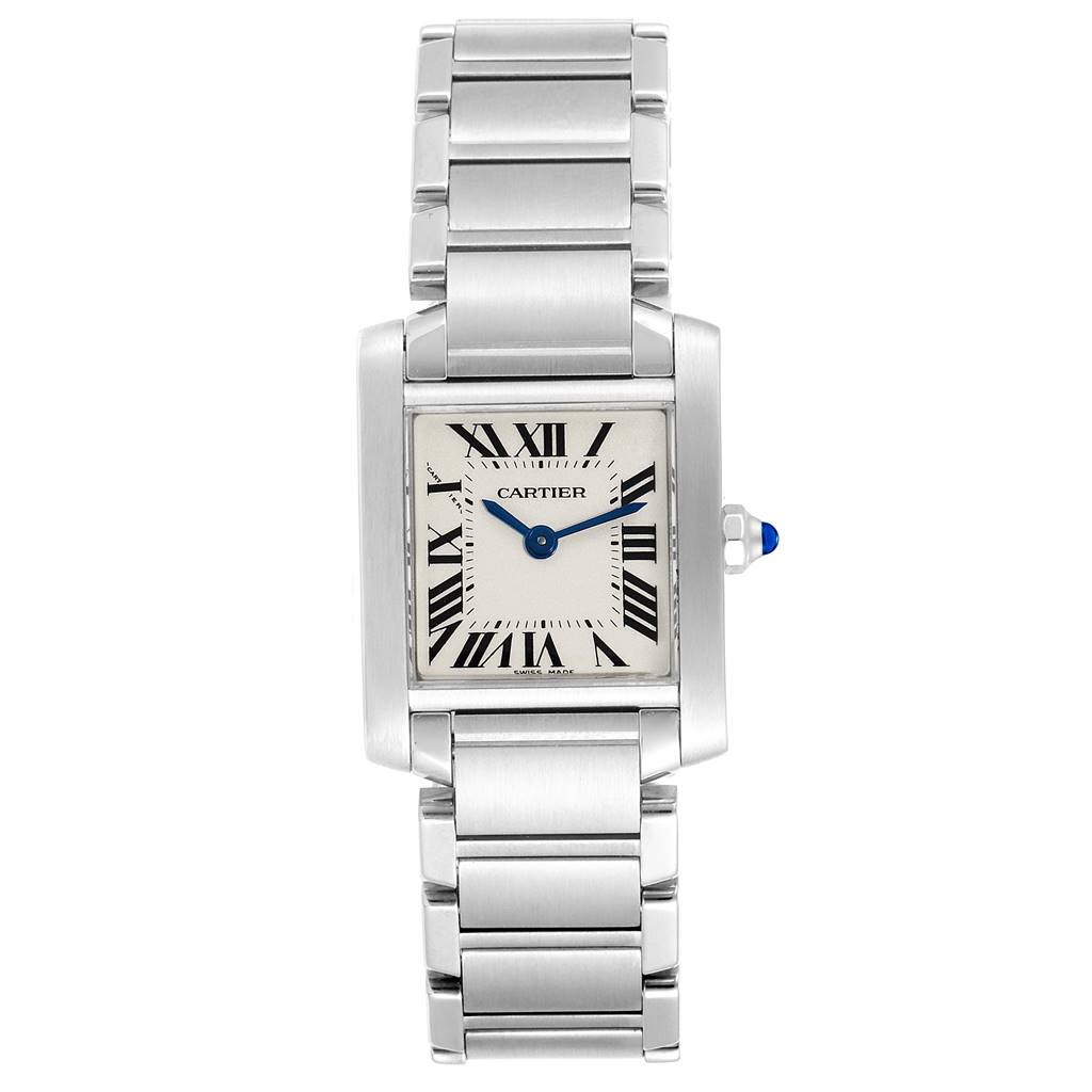 This is a straight-on view of the Cartier Tank Francaise W51008Q3 Women's Stainless Steel Silver Dial W51008Q3 Women's Stainless Steel Silver Dial watch, showing the face, bezel, and bracelet.