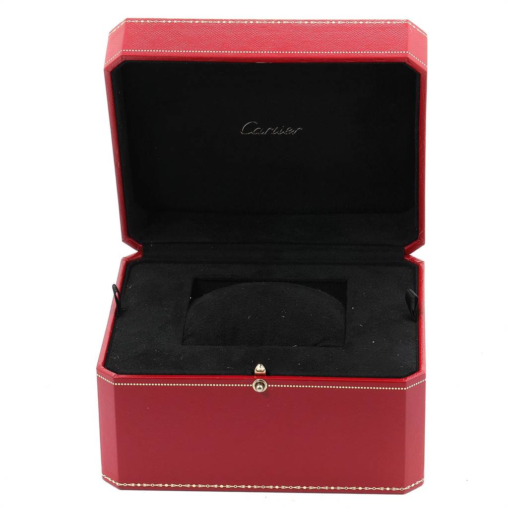 The image shows an open red box for the Cartier Tank Française model, displaying the interior cushion.