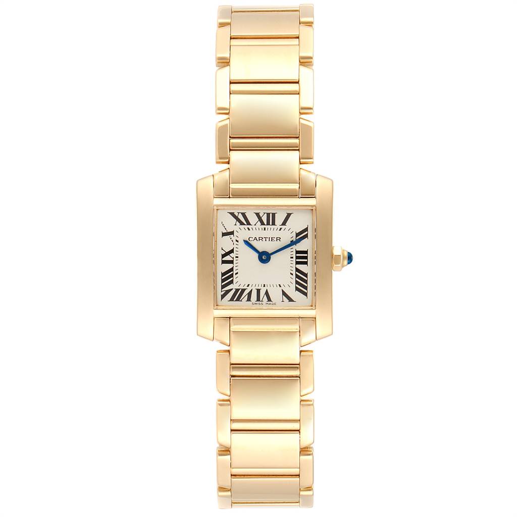 This image shows a frontal view of the Cartier Tank Française watch, highlighting its gold bracelet and rectangular dial.