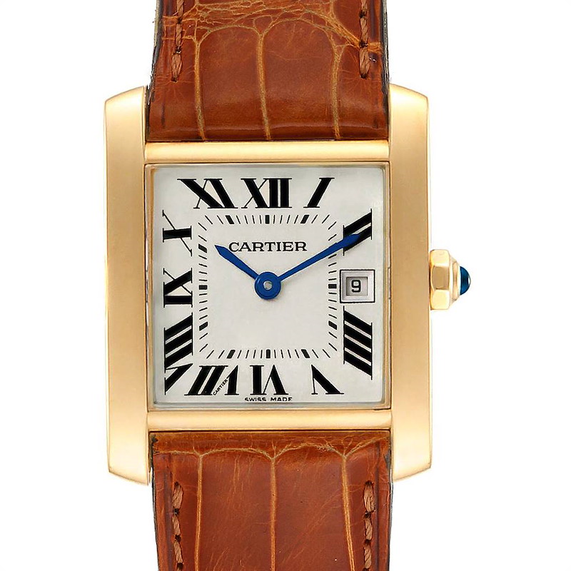 Cartier Tank Francaise Midsize Yellow Gold Brown Strap Watch W50014N2 SwissWatchExpo