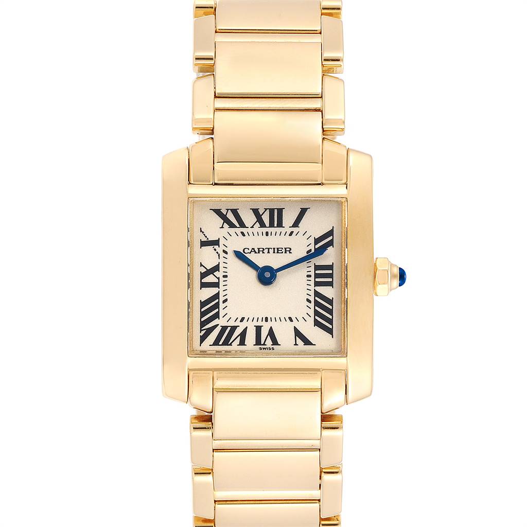 This image shows a Cartier Tank Francaise W50002N2 Women's Yellow Gold Silver Dial W50002N2 Women's Yellow Gold Silver Dial watch from a front angle, highlighting its face and bracelet.