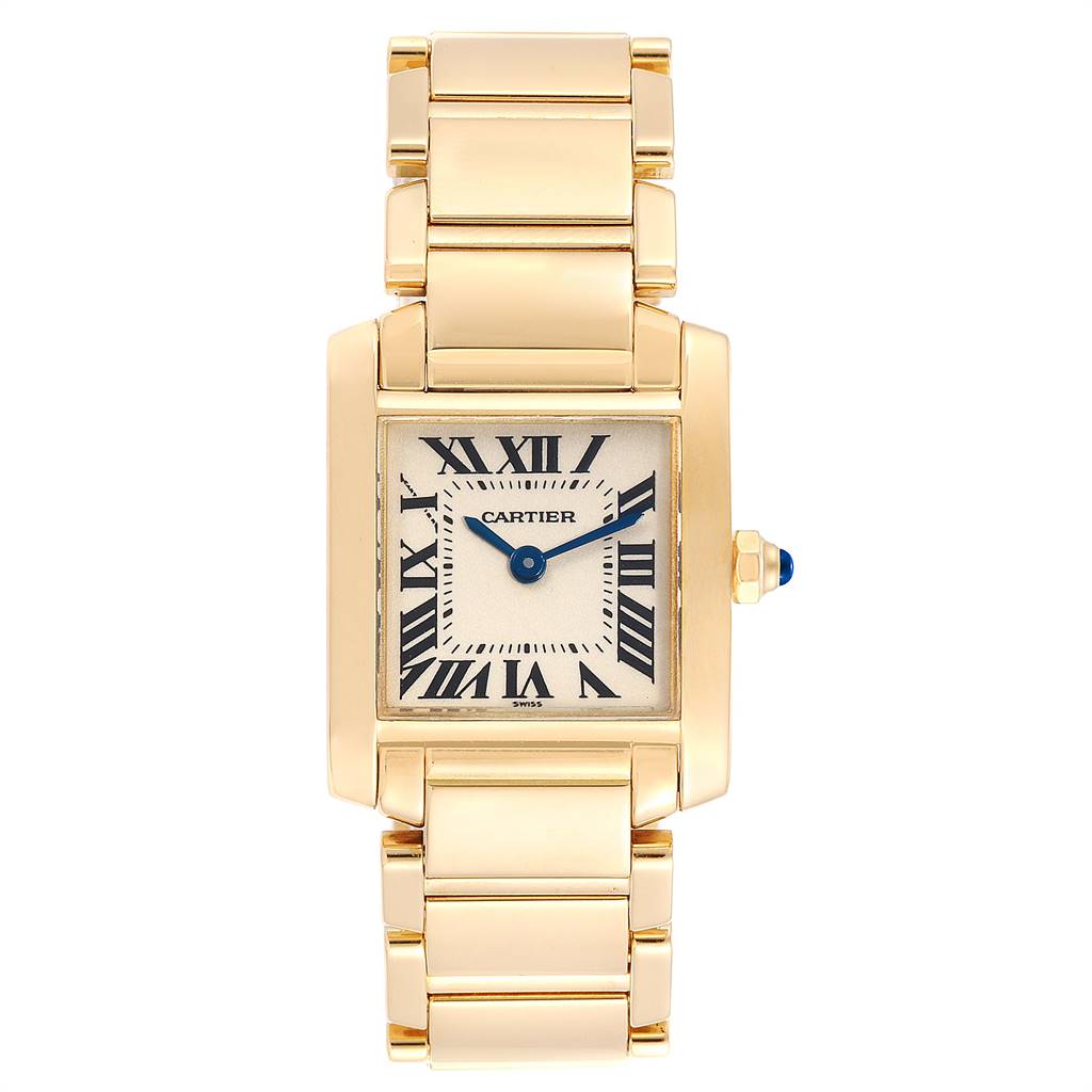 This image shows a front view of a Cartier Tank Francaise W50002N2 Women's Yellow Gold Silver Dial W50002N2 Women's Yellow Gold Silver Dial model watch, displaying its rectangular dial, roman numerals, and gold bracelet.