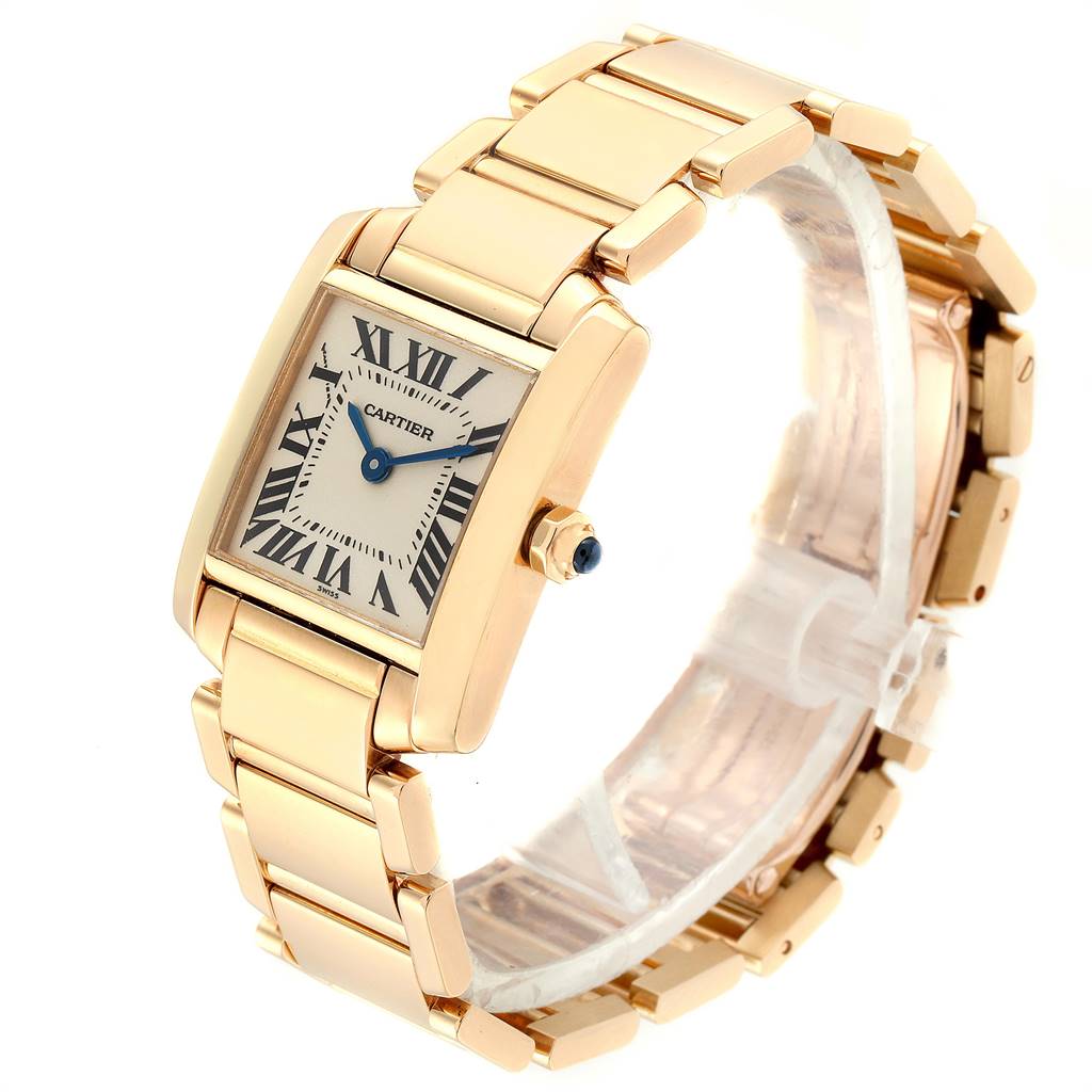 This image shows a Cartier Tank Francaise W50002N2 Women's Yellow Gold Silver Dial W50002N2 Women's Yellow Gold Silver Dial watch, highlighting its rectangular face, roman numerals, and gold link bracelet from a side angle.