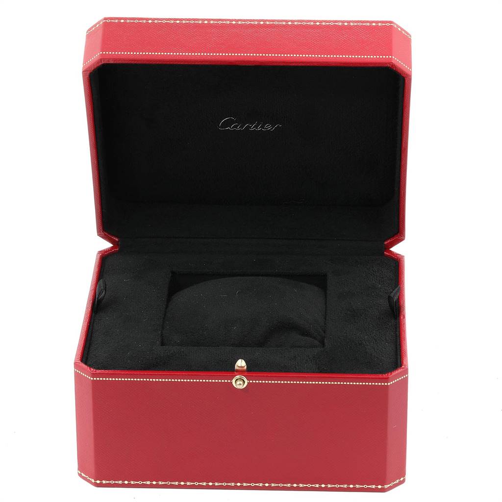 This is an open red Cartier watch box for a Tank Francaise model, showing the black interior with a cushioned pillow.