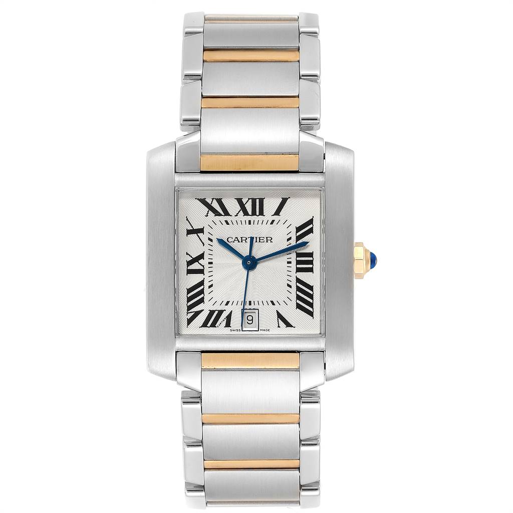 This image shows a front view of the Cartier Tank Francaise W51005Q4 Men's Steel and Gold (two tone) Silver Dial W51005Q4 Men's Steel and Gold (two tone) Silver Dial watch, displaying its rectangular case, Roman numeral dial, and metal bracelet.