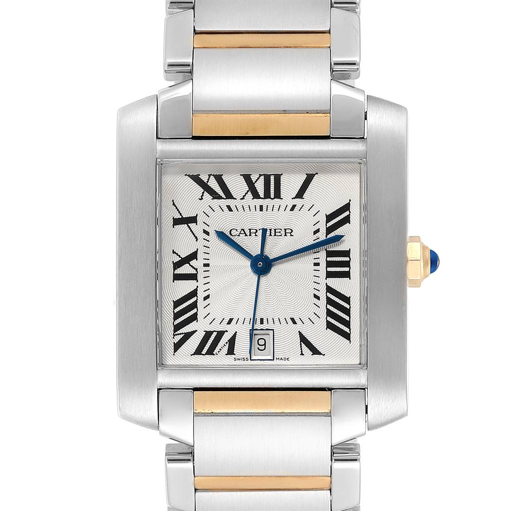 The image shows a front view of the Cartier Tank Francaise W51005Q4 Men's Steel and Gold (two tone) Silver Dial W51005Q4 Men's Steel and Gold (two tone) Silver Dial watch, displaying its face, bracelet, and crown.