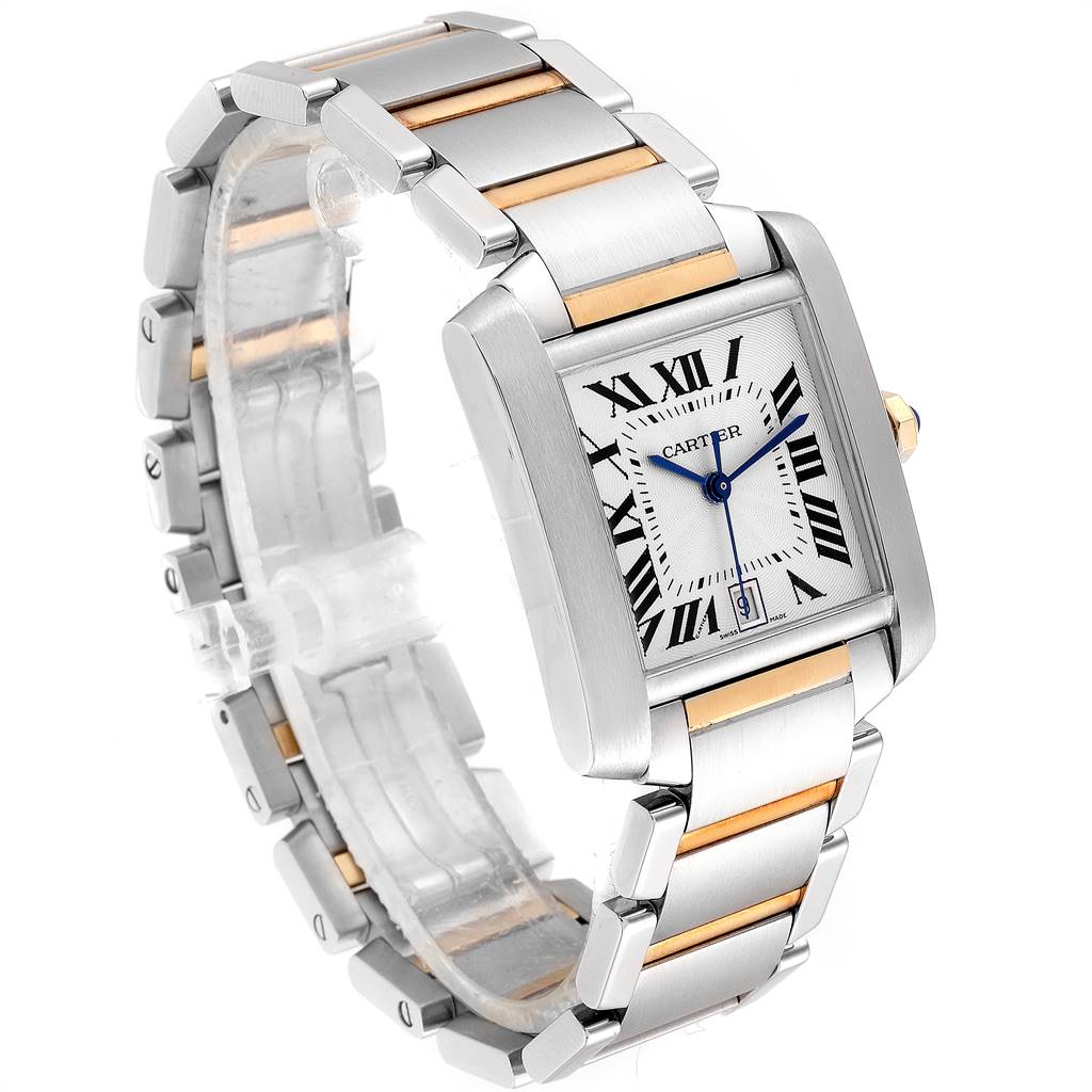 The image showcases a side and front view of the Cartier Tank Française watch, highlighting its bracelet and rectangular dial.