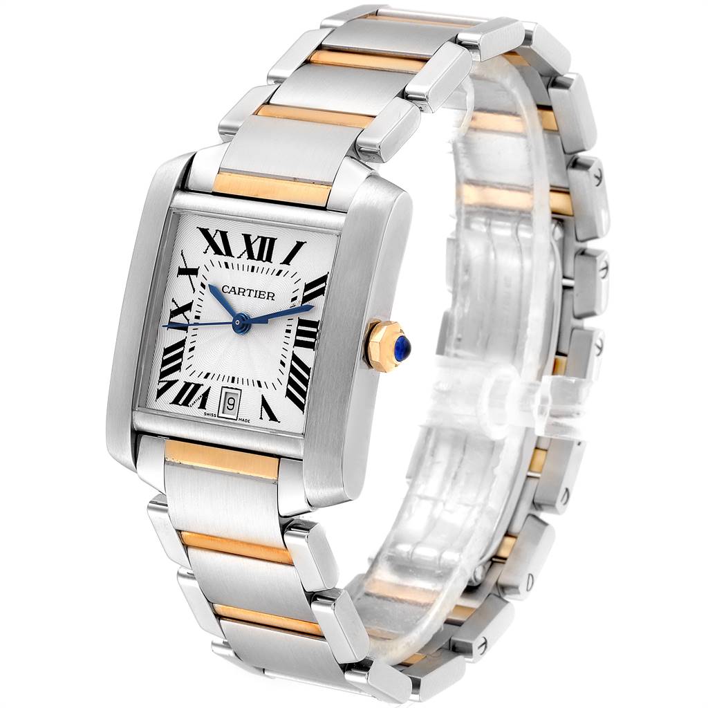 This image shows a Cartier Tank Francaise W51005Q4 Men's Steel and Gold (two tone) Silver Dial W51005Q4 Men's Steel and Gold (two tone) Silver Dial watch angled from the front-left side, highlighting the watch face and bracelet.