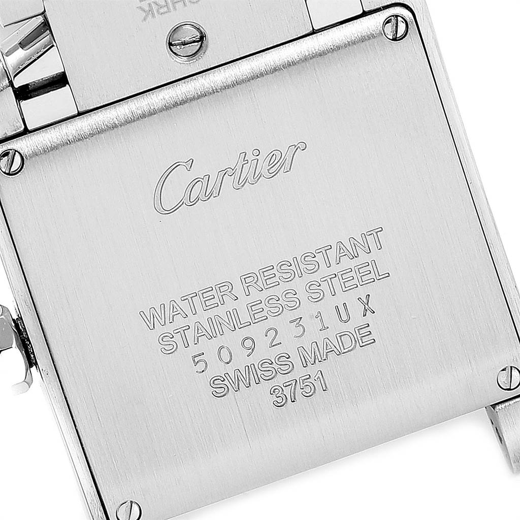 This image shows the back case of the Cartier Tank Française watch, highlighting its stainless steel material and water resistance.