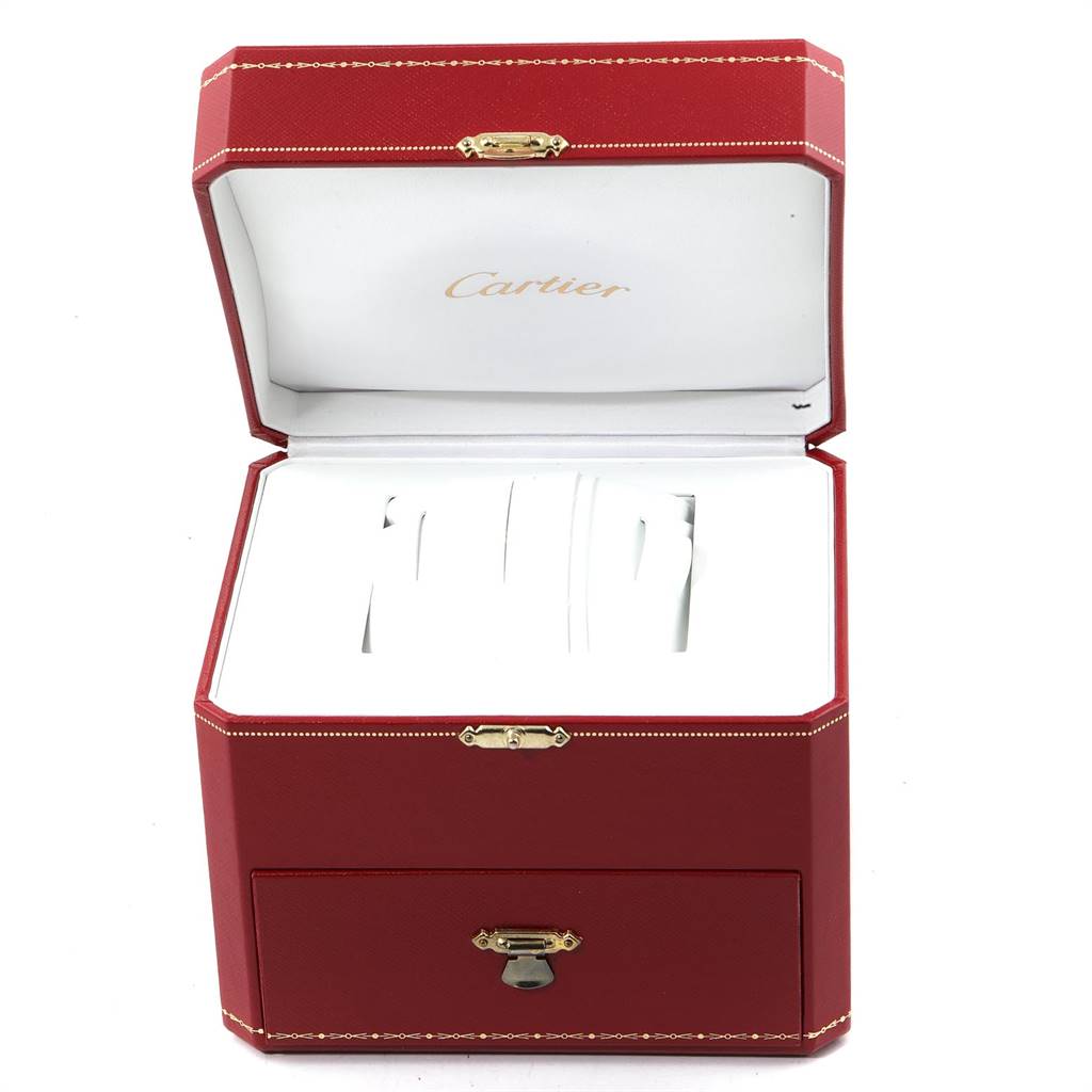 The image shows an open box for a Cartier Tank Française watch, featuring a red exterior and white interior.