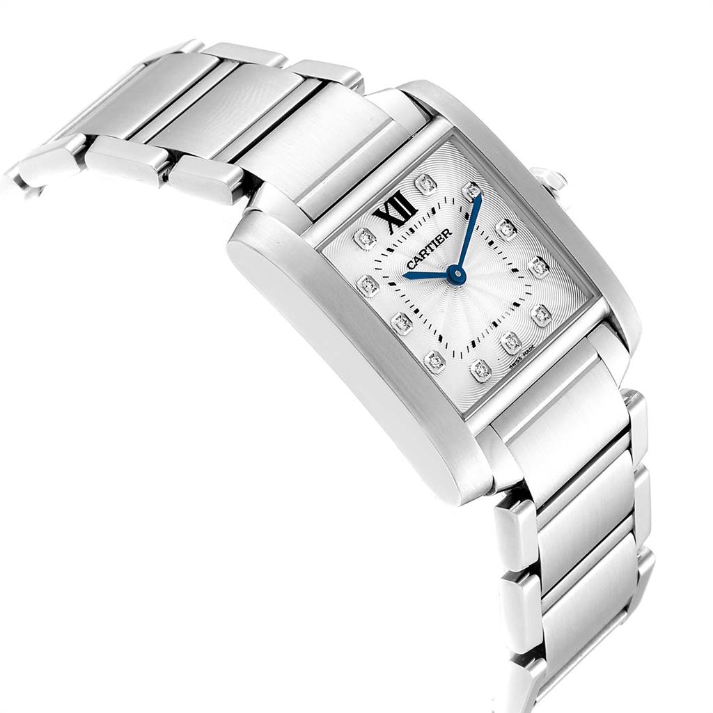 The image shows a close-up angled view of a Cartier Tank Française watch, highlighting its bracelet and rectangular face.