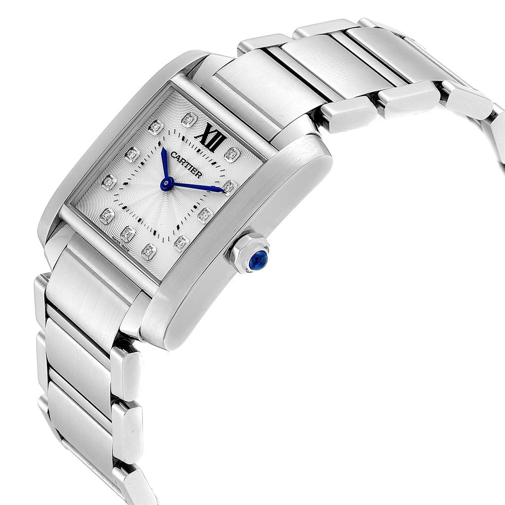 The image shows a partial side angle of the Cartier Tank Francaise WE110007 Women's Stainless Steel Silver Dial WE110007 Women's Stainless Steel Silver Dial watch, displaying the case, dial, bracelet, and crown.