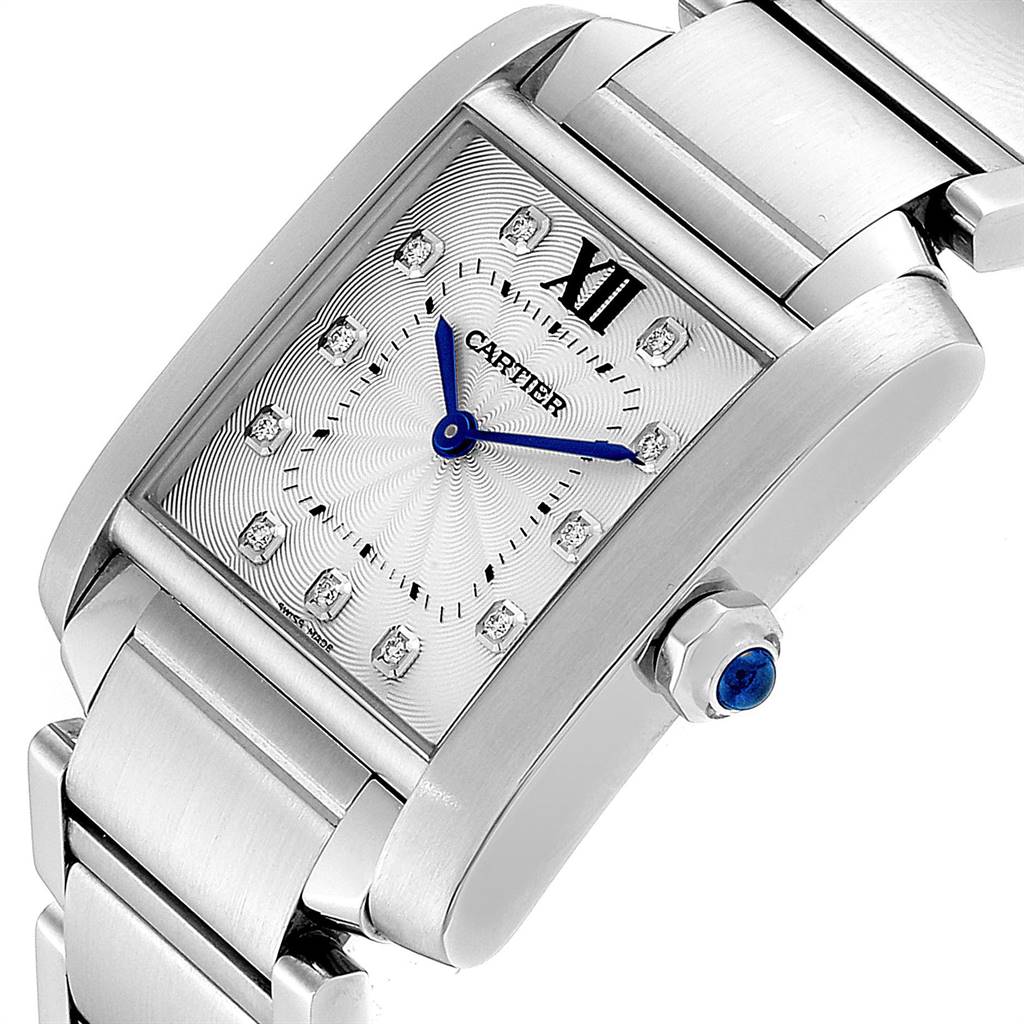 The image shows a close-up angle of the Cartier Tank Francaise WE110007 Women's Stainless Steel Silver Dial WE110007 Women's Stainless Steel Silver Dial watch, focusing on the dial, bezel, crown, and part of the bracelet.