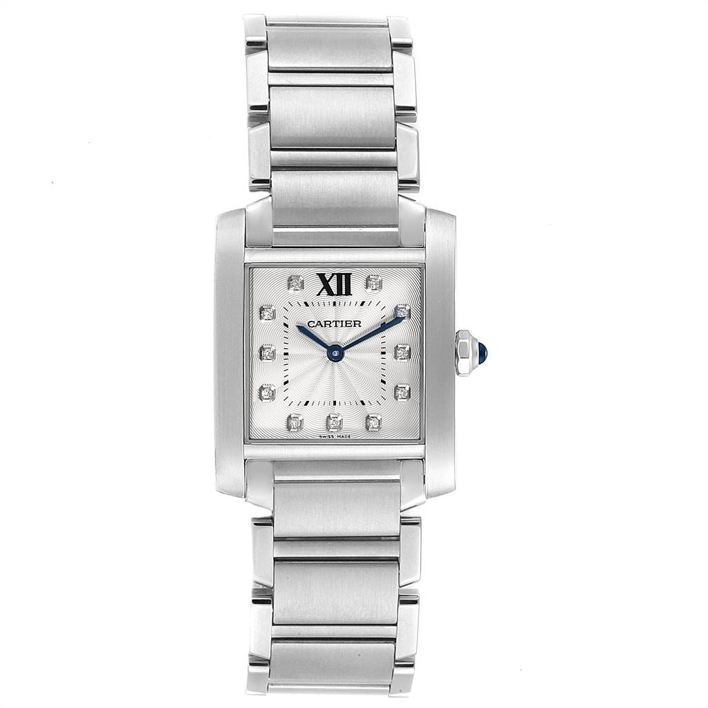 The Cartier Tank Française watch is shown from the front, highlighting its face, bracelet, and crown.