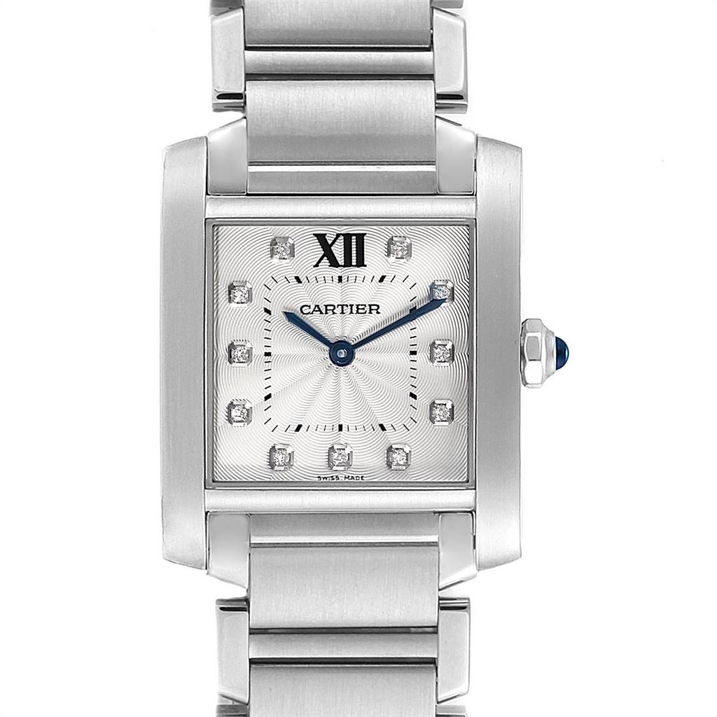 This image shows a frontal view of the Cartier Tank Francaise WE110007 Women's Stainless Steel Silver Dial WE110007 Women's Stainless Steel Silver Dial watch, highlighting its dial, case, and part of the bracelet.
