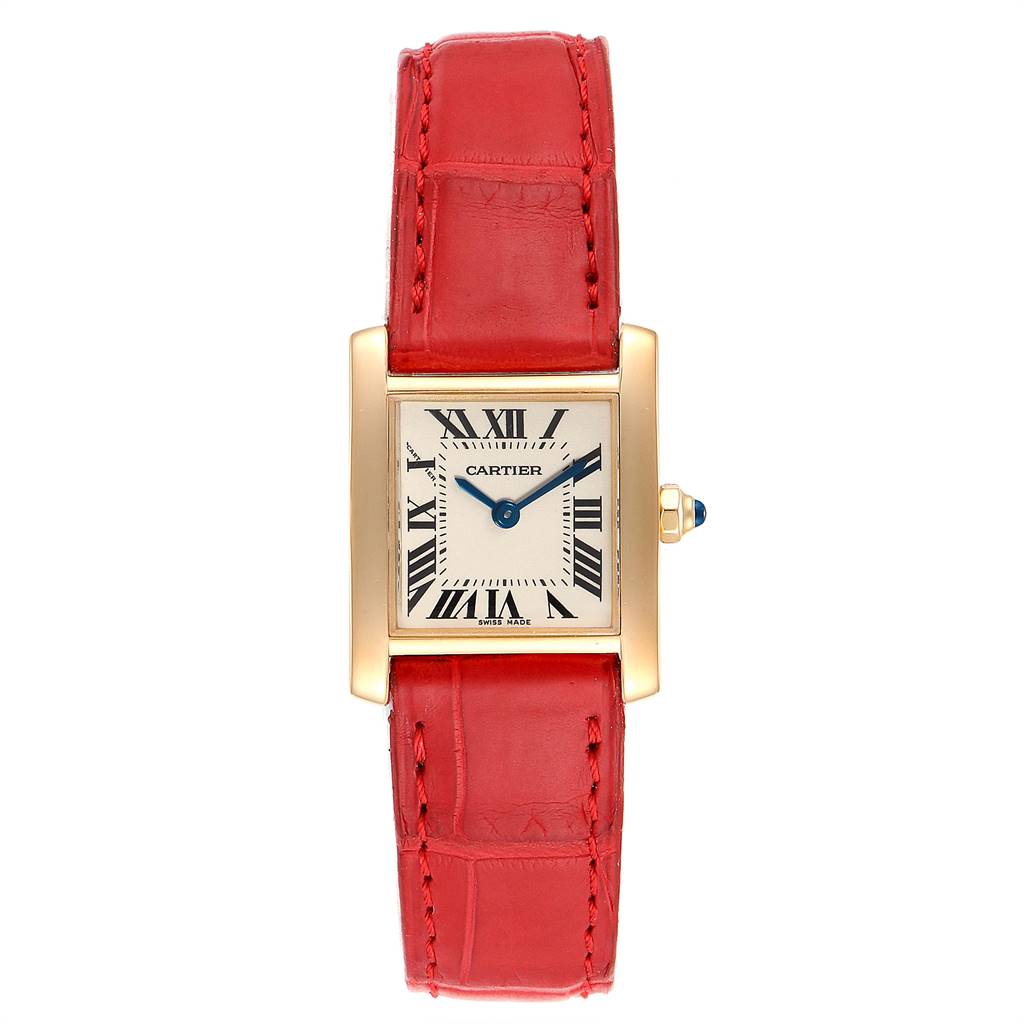 This Cartier Tank Francaise W5000256 Women's Yellow Gold Silver Dial W5000256 Women's Yellow Gold Silver Dial watch is shown from the front with its red leather strap and rectangular dial.