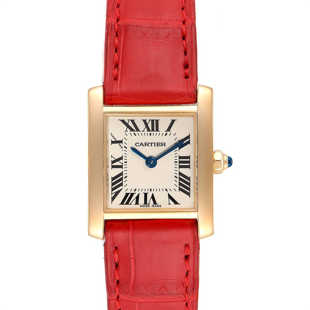 The Cartier Tank Francaise W5000256 Women's Yellow Gold Silver Dial W5000256 Women's Yellow Gold Silver Dial watch is shown from a front angle, highlighting its rectangular dial, Roman numerals, and red leather strap.
