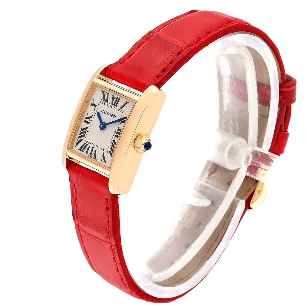 The Cartier Tank Francaise W5000256 Women's Yellow Gold Silver Dial W5000256 Women's Yellow Gold Silver Dial watch is shown at a slight side angle, featuring a red leather strap and a rectangular dial.