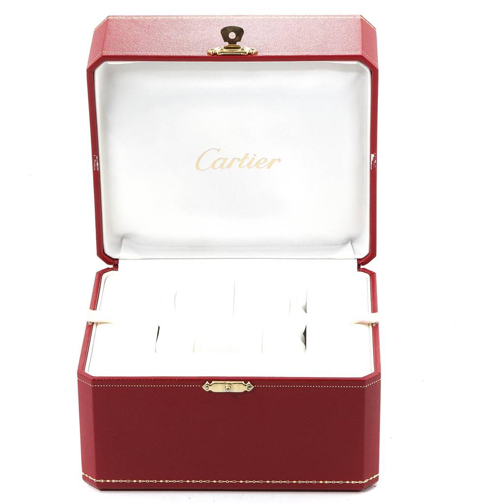 This image shows an open Cartier watch box for the Tank Francaise model, with its interior and exterior in view.