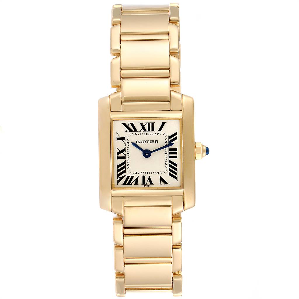 A frontal view of the Cartier Tank Francaise W50002N2 Women's Yellow Gold Silver Dial W50002N2 Women's Yellow Gold Silver Dial watch, showcasing its rectangular dial, Roman numerals, and metal bracelet.