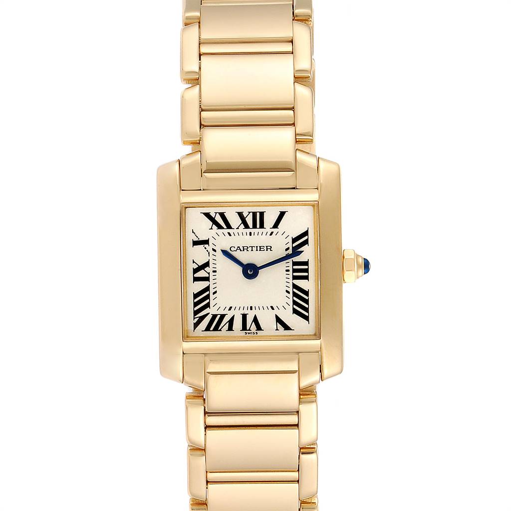 The image displays a frontal view of a Cartier Tank Francaise W50002N2 Women's Yellow Gold Silver Dial W50002N2 Women's Yellow Gold Silver Dial watch, showing its face and bracelet.