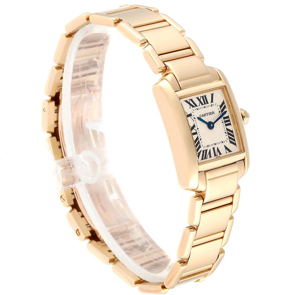 The image shows a side view of the Cartier Tank Française watch, highlighting its gold bracelet and rectangular dial with Roman numerals.