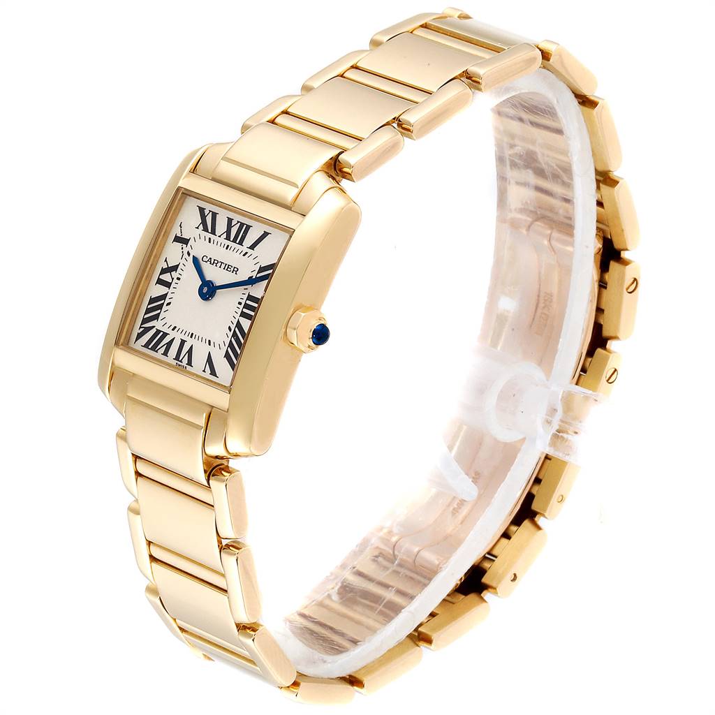 The image shows a Cartier Tank Francaise W50002N2 Women's Yellow Gold Silver Dial W50002N2 Women's Yellow Gold Silver Dial watch at a slight angle, highlighting its gold case, bracelet, and Roman numeral dial.