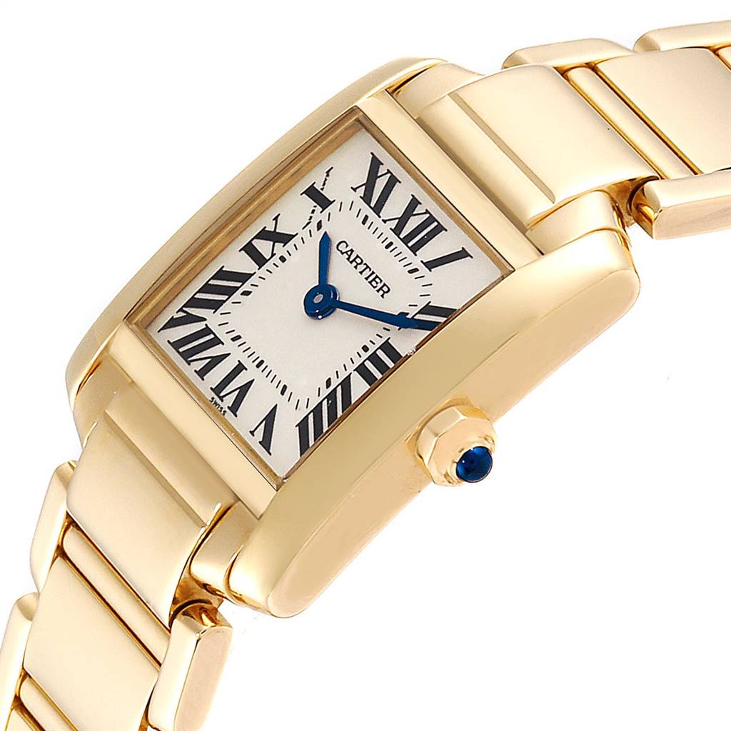 This image shows a close-up angle of the Cartier Tank Française watch, highlighting the dial, crown, and part of the bracelet.