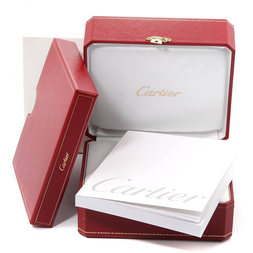 The image shows the Cartier Tank Francaise W50002N2 Women's Yellow Gold Silver Dial W50002N2 Women's Yellow Gold Silver Dial watch box and manual from a frontal angle.