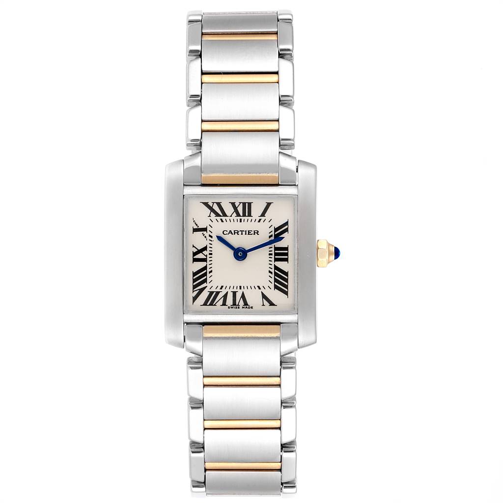 The image shows a Cartier Tank Francaise W51007Q4 Women's Steel and Gold (two tone) Silver Dial W51007Q4 Women's Steel and Gold (two tone) Silver Dial watch from the front, displaying its rectangular dial, blue hands, Roman numerals, and metal bracelet.