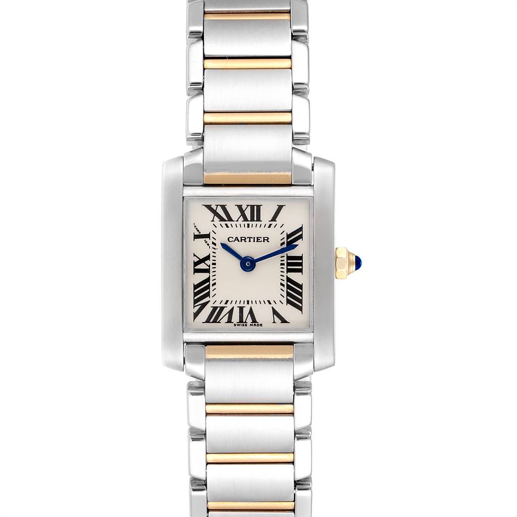 The image shows a frontal view of the Cartier Tank Francaise W51007Q4 Women's Steel and Gold (two tone) Silver Dial W51007Q4 Women's Steel and Gold (two tone) Silver Dial watch, highlighting its rectangular face and metal bracelet.