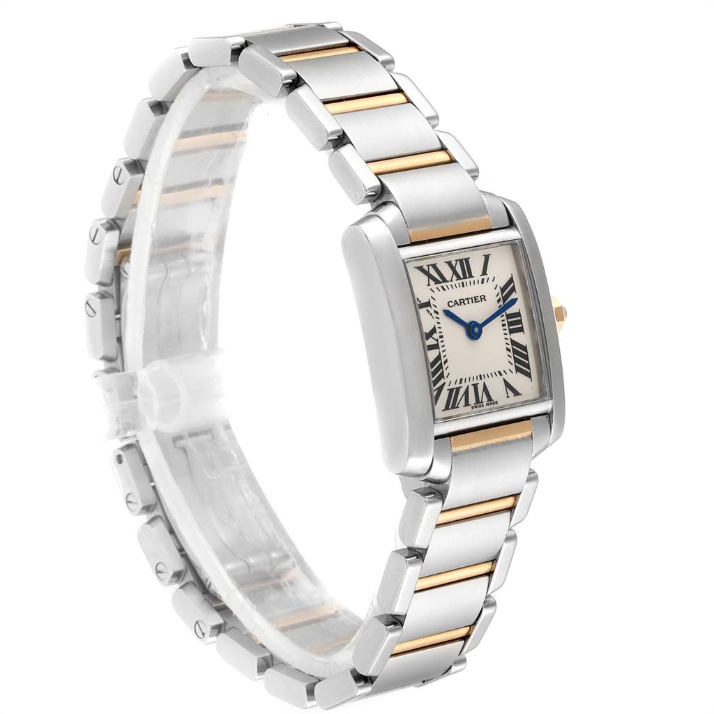 The Cartier Tank Francaise W51007Q4 Women's Steel and Gold (two tone) Silver Dial W51007Q4 Women's Steel and Gold (two tone) Silver Dial watch is shown at a three-quarter angle, displaying the case, dial, crown, and full bracelet.