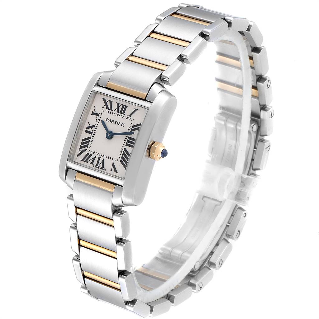 The image shows a side profile of the Cartier Tank Francaise W51007Q4 Women's Steel and Gold (two tone) Silver Dial W51007Q4 Women's Steel and Gold (two tone) Silver Dial watch, highlighting the dial and metal bracelet with gold accents.