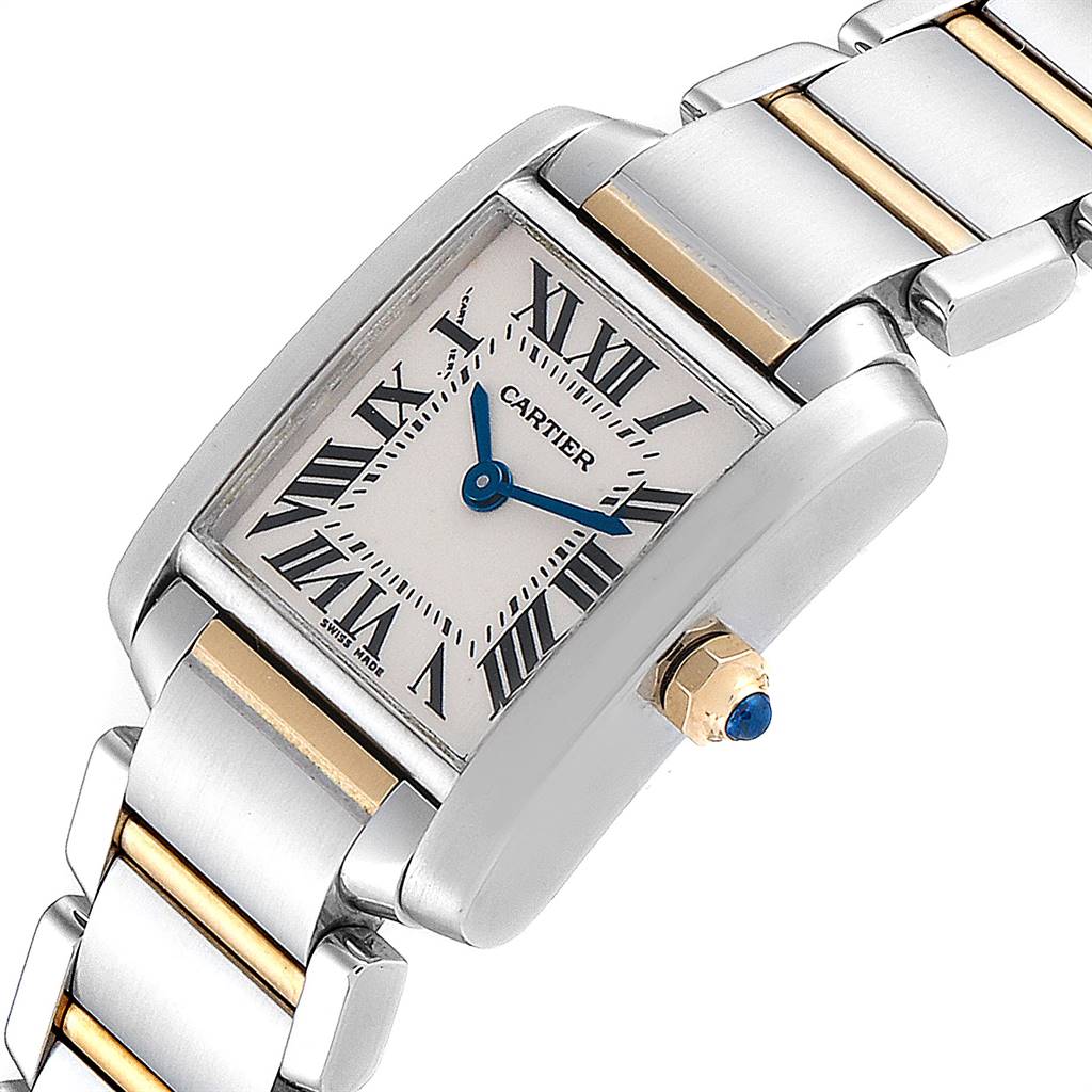 This image shows the Cartier Tank Française watch at an angled view, displaying its face, crown, and part of its metal bracelet with gold accents.