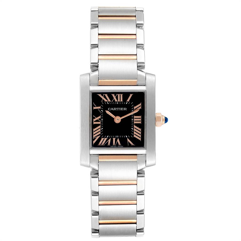 This Cartier Tank Francaise W5010001 Women's Steel and Gold (two tone) Black Dial W5010001 Women's Steel and Gold (two tone) Black Dial watch is shown from the front, displaying its face, case, and metal band.