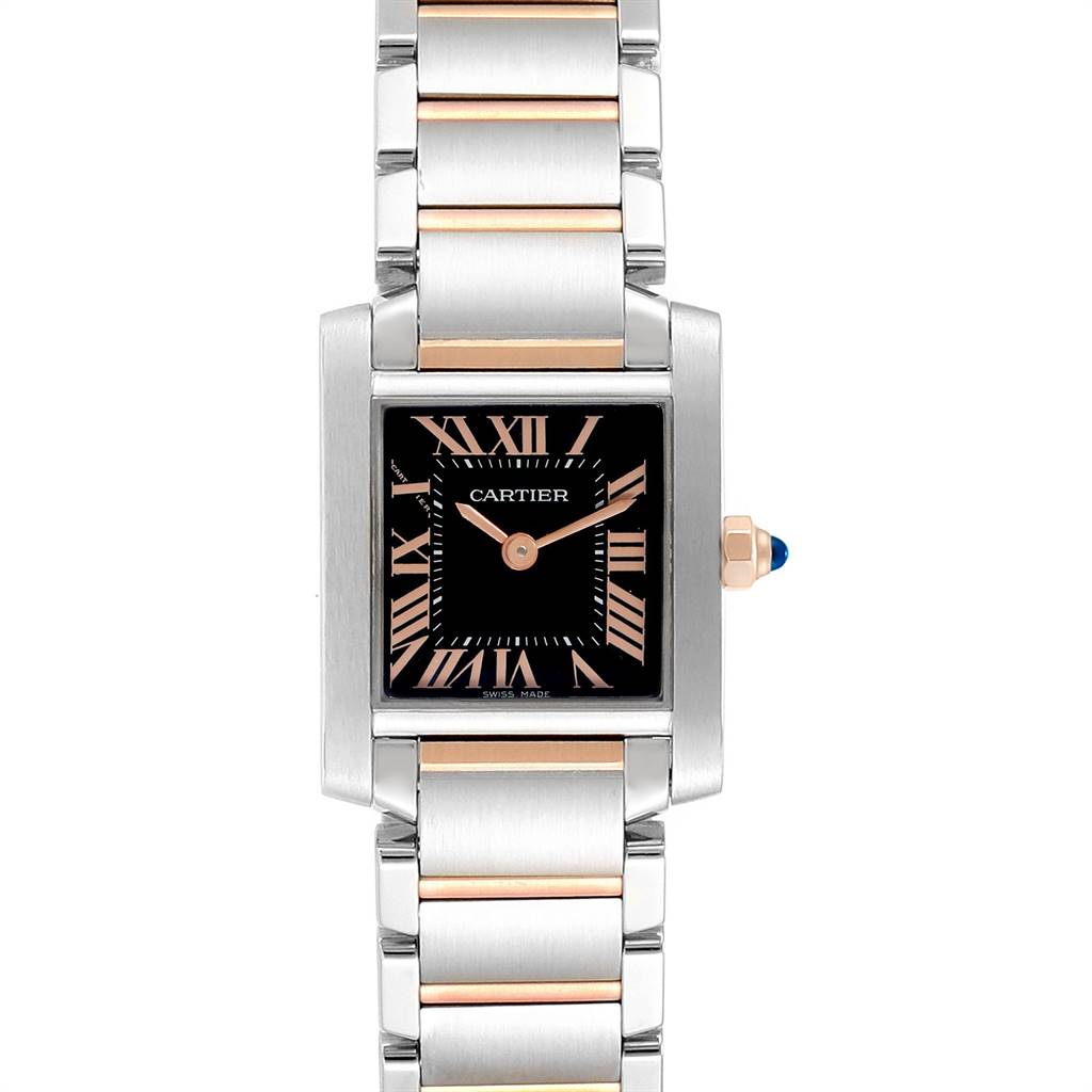 The image shows a front view of a Tank Francaise watch by Cartier, highlighting its square face and metal bracelet.