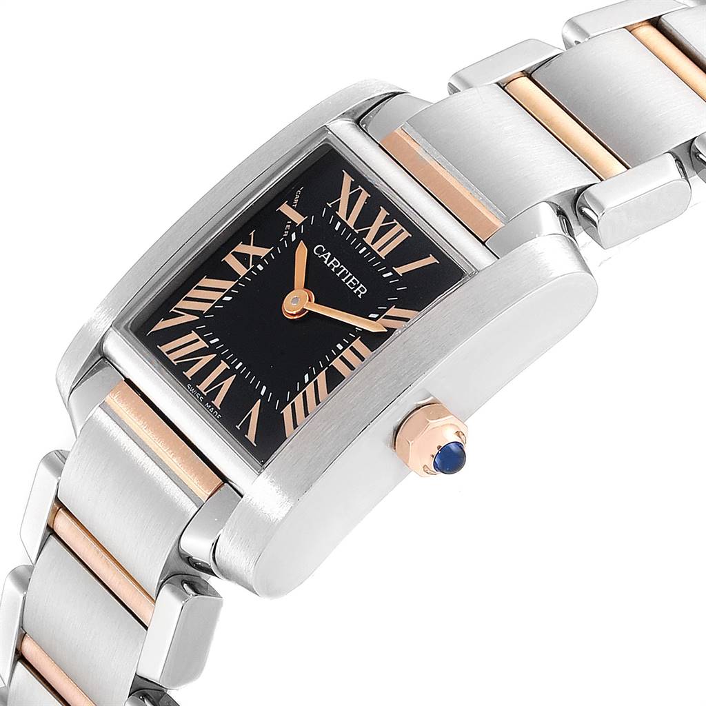 The image shows a close-up angled view of the Cartier Tank Française watch, highlighting the face, crown, and part of the bracelet.