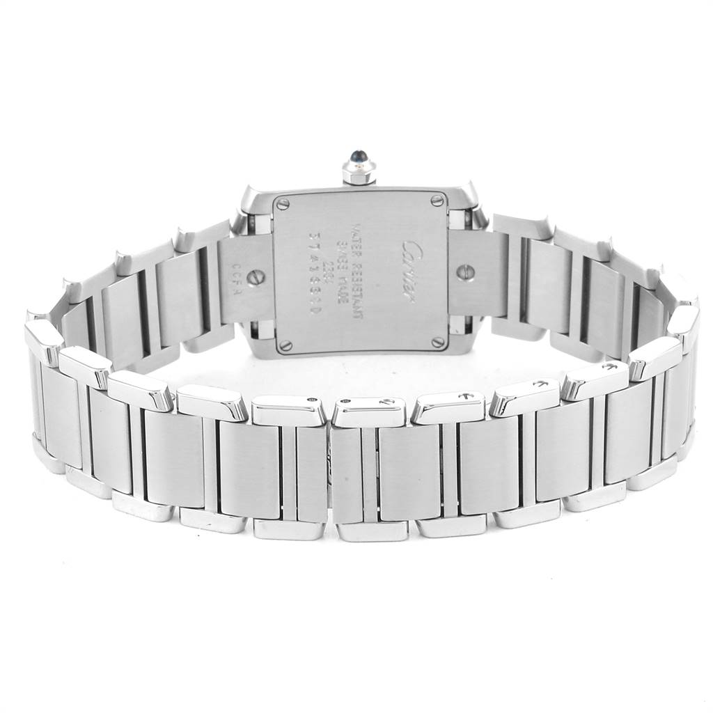 This image shows the back and bracelet of the Cartier Tank Francaise W51008Q3 Women's Stainless Steel Silver Dial W51008Q3 Women's Stainless Steel Silver Dial watch, highlighting the clasp and links.