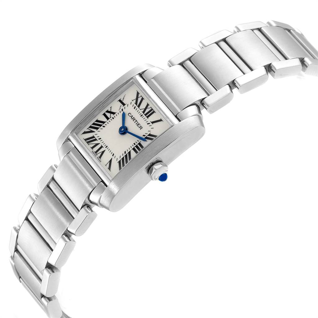 The image shows a Cartier Tank Francaise W51008Q3 Women's Stainless Steel Silver Dial W51008Q3 Women's Stainless Steel Silver Dial watch at a slight angle, displaying the face, bezel, crown, and part of the bracelet.