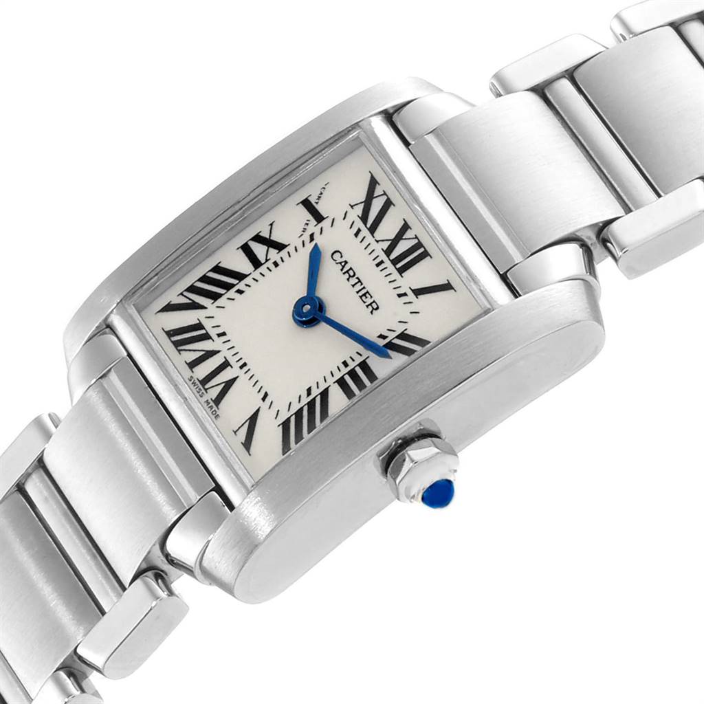 This image shows a tilted view of the Cartier Tank Francaise W51008Q3 Women's Stainless Steel Silver Dial W51008Q3 Women's Stainless Steel Silver Dial watch, highlighting the dial, bracelet, and crown.