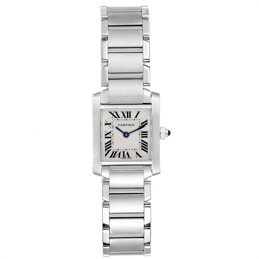 The image shows a front view of a Cartier Tank Francaise W51008Q3 Women's Stainless Steel Silver Dial W51008Q3 Women's Stainless Steel Silver Dial watch, highlighting the face and metal bracelet.