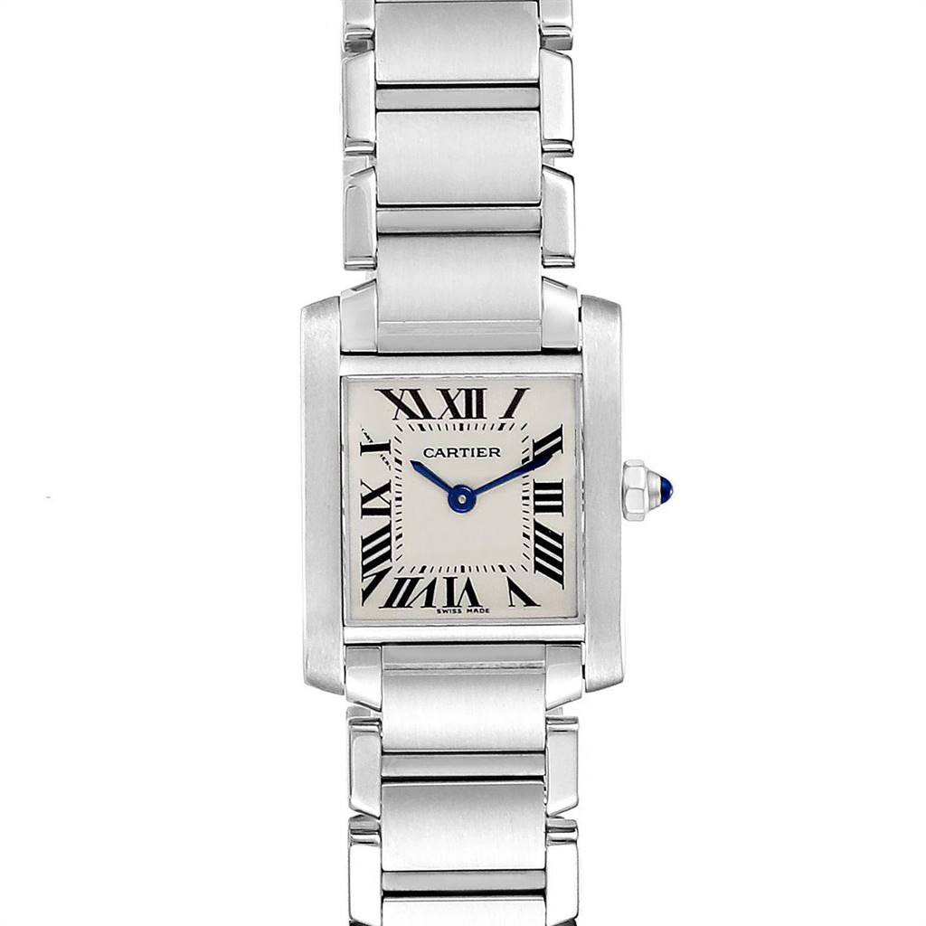 The image shows a front view of the Cartier Tank Francaise W51008Q3 Women's Stainless Steel Silver Dial W51008Q3 Women's Stainless Steel Silver Dial watch, displaying its dial, bezel, case, and bracelet.