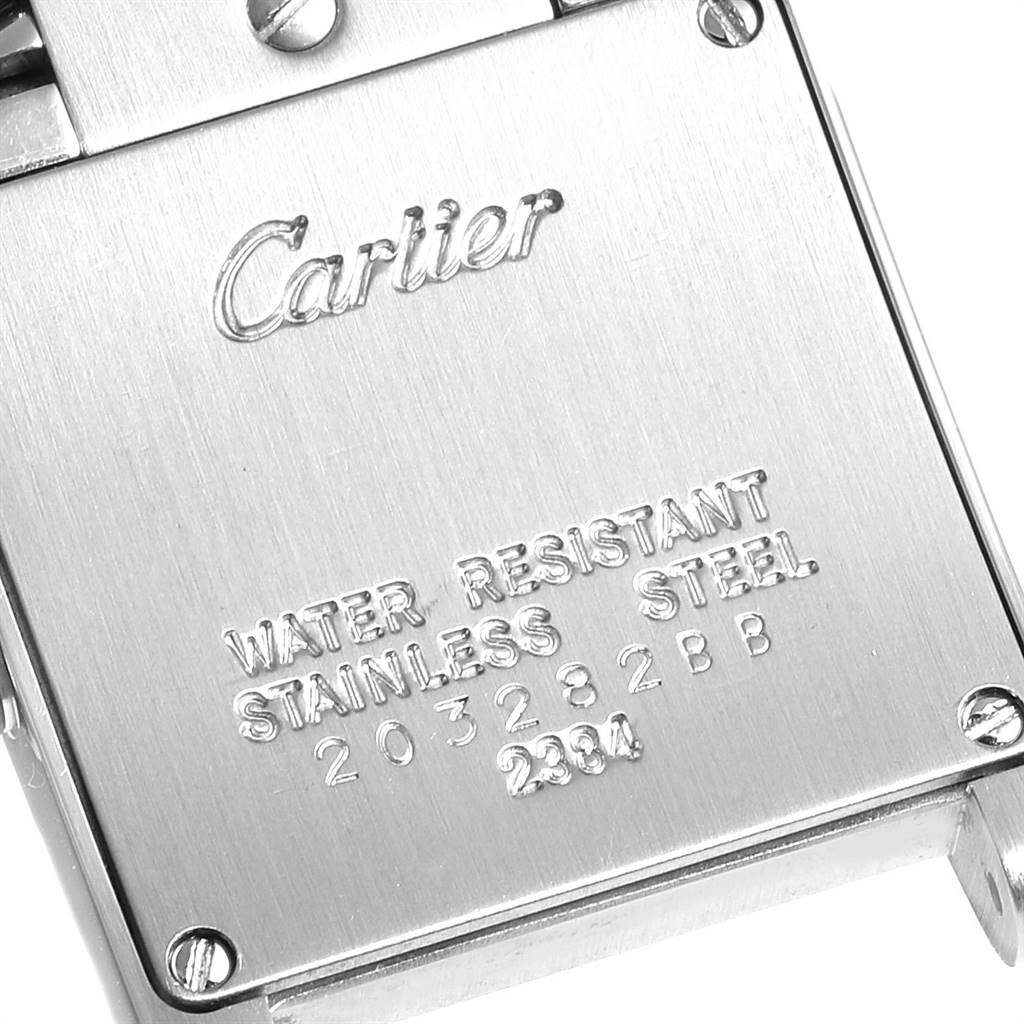 This image shows the back casing of the Tank Francaise watch by Cartier, highlighting its water resistance and stainless steel material.