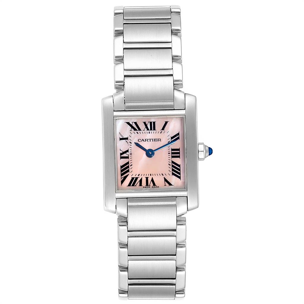 The Cartier Tank Francaise W51028Q3 Women's Stainless Steel Mother of Pearl Dial W51028Q3 Women's Stainless Steel Mother of Pearl Dial watch is shown from the front, displaying its pink dial, Roman numerals, blue hands, and stainless steel bracelet.