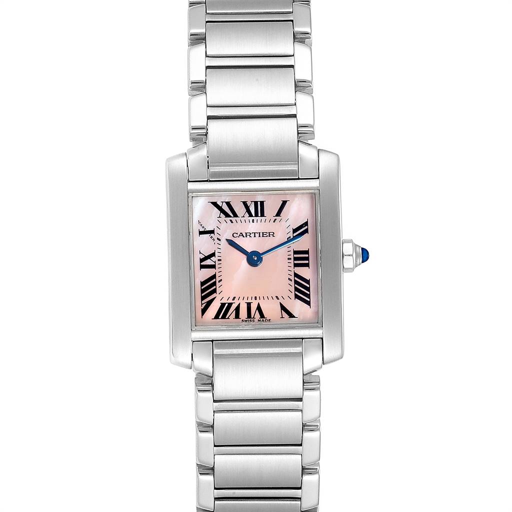 The image shows a front view of the Cartier Tank Francaise W51028Q3 Women's Stainless Steel Mother of Pearl Dial W51028Q3 Women's Stainless Steel Mother of Pearl Dial watch with a pink Roman numeral dial and stainless steel bracelet.